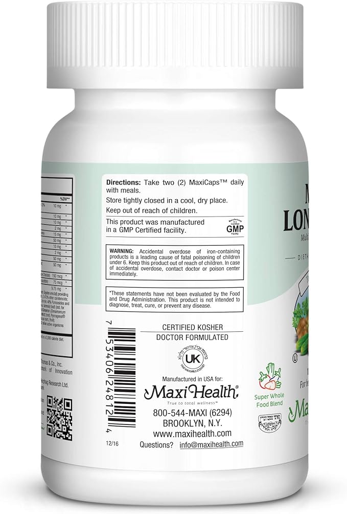 Maxi Health Longevity - Multivitamins & Minerals Supplement for Men Over 50 120 Capsules - Kosher