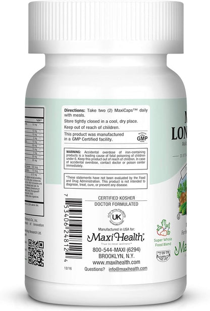 Maxi Health Longevity - Multivitamins & Minerals Supplement for Men Over 50 120 Capsules - Kosher
