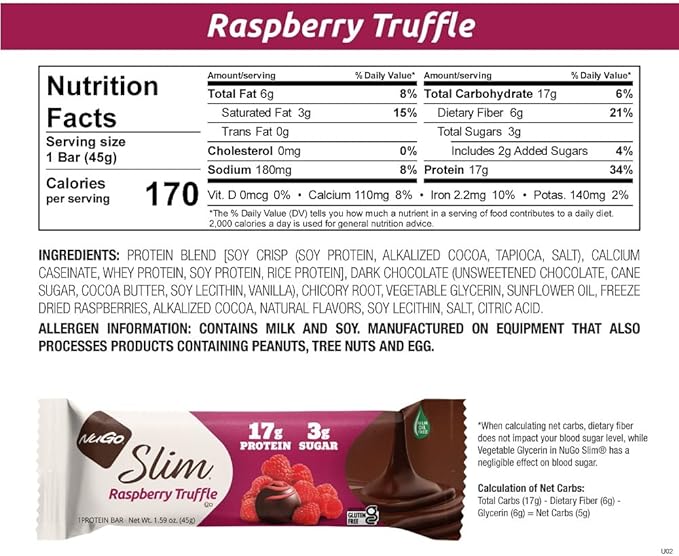 NuGo Slim Dark Chocolate Raspberry Truffle, 17g Protein Bar, Gluten Free, Non-GMO, Kosher, Keto Friendly, Low Carb, 12 Count