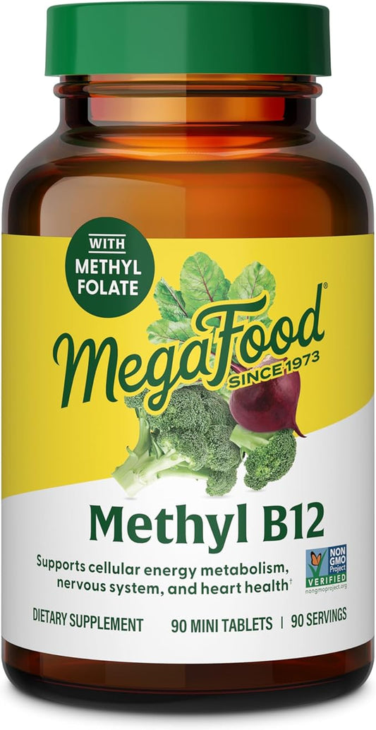 MegaFood Methyl B12 - Vegan - Includes Methyl Folate, Vitamin B12 & B6 - Supports Cellular Energy Production, Nervous System Health & Cardiovascular Function - 90 Tablets