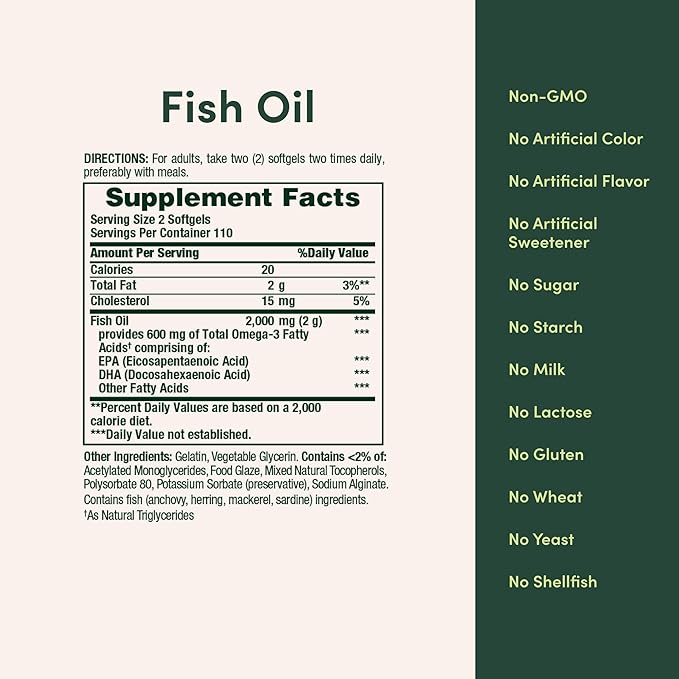 Nature's Bounty Fish Oil, Dietary Supplement, Omega 3, Supports Heart Health, 1000 Mg, 220 Coated Softgels