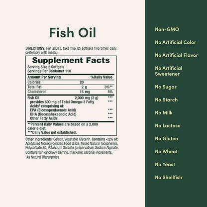 Nature's Bounty Fish Oil, Dietary Supplement, Omega 3, Supports Heart Health, 1000 Mg, 220 Coated Softgels