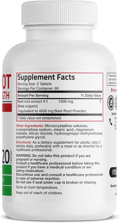 Bronson Beet Root Double Strength 4000mg Equivalent (from 1000 mg of 4:1 Extract), Non-GMO, 120 Vegetarian Tablets