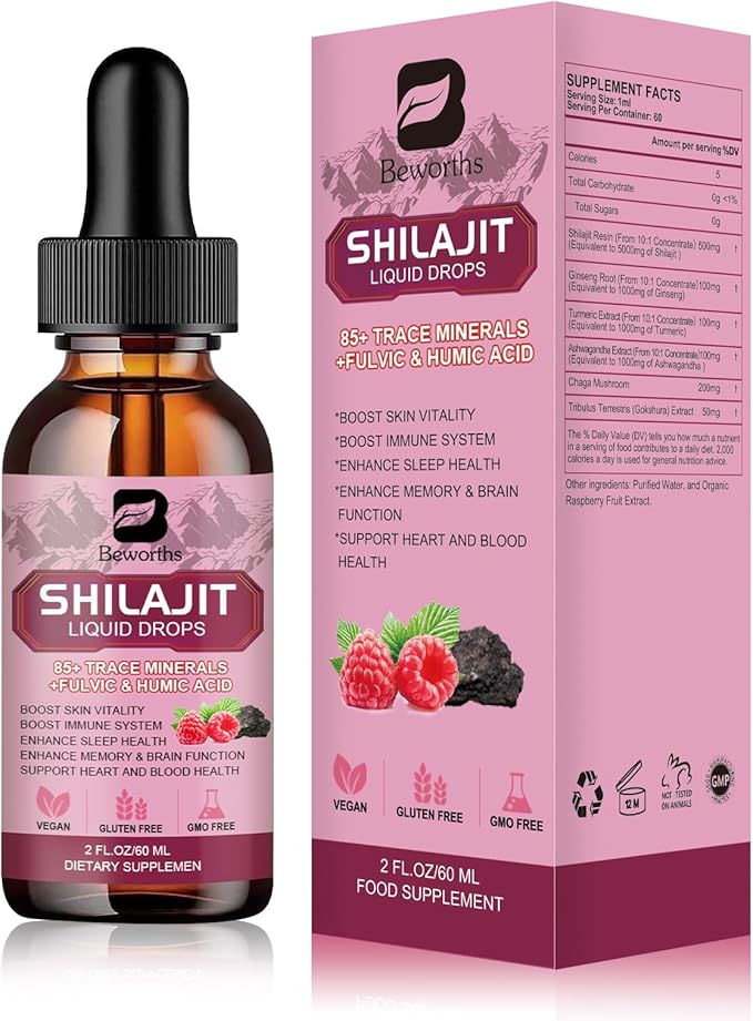 Shilajit Resin Liquid Drops | Organic Shilajit 85+ Trace Minerals Complex with Ashwagandha, Turmeric, Ginseng, Chaga, Shilajit Supplement for Men Immune Support, Brain Booster, Energy, Overall Health