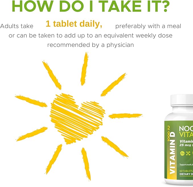 Noor Vitamins Halal Vitamin D, Halal Vitamin D3, 1000 IU Tablets, Supports Bone, Immune & Heart Health, Non-GMO, Gluten Free & Halal (60 Count)