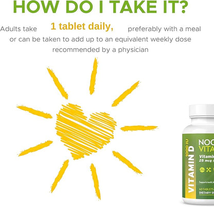 Noor Vitamins Halal Vitamin D, Halal Vitamin D3, 1000 IU Tablets, Supports Bone, Immune & Heart Health, Non-GMO, Gluten Free & Halal (60 Count)