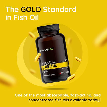 Smartvita - Premium Fish Oil, rTG Grade Omega 3, Fish Oil Omega 3, EPA, DHA, & Vitamin E Capsules, Multivitamins for Men & Women, Omega 3 Supplement, Burpless, 60 Softgels