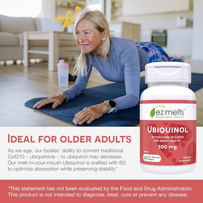 EZ Melts Dissolvable Ubiquinol 100mg, Active Form of CoQ10, Heart Health Supplements for Men & Women, Sugar-Free, 2-Month Supply