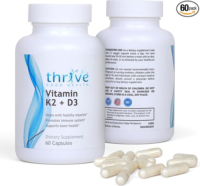 Thrive Good Vitamin K2 D3 - Multivitamin for Women & Men, Daily Dietary Supplement with Vitamin K MK-7, Vitamin D3, Calcium & Black Pepper Fruit Extract - Formulated & Made in USA - 60 Veggie Capsules