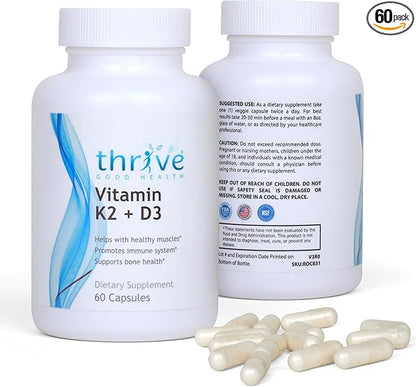 Thrive Good Vitamin K2 D3 - Multivitamin for Women & Men, Daily Dietary Supplement with Vitamin K MK-7, Vitamin D3, Calcium & Black Pepper Fruit Extract - Formulated & Made in USA - 60 Veggie Capsules