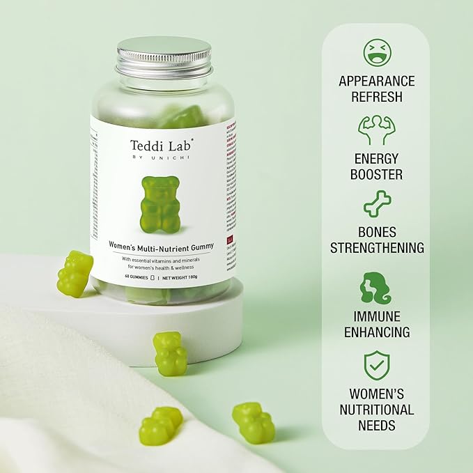 Unichi Women’s Multi-Nutrient Gummy, 18 Essential Vitamins & Minerals Specially Designed for Women, Non-GMO, Lime Flavour, 60 Count