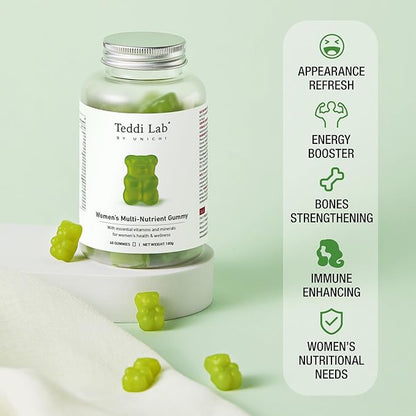 Unichi Women’s Multi-Nutrient Gummy, 18 Essential Vitamins & Minerals Specially Designed for Women, Non-GMO, Lime Flavour, 60 Count