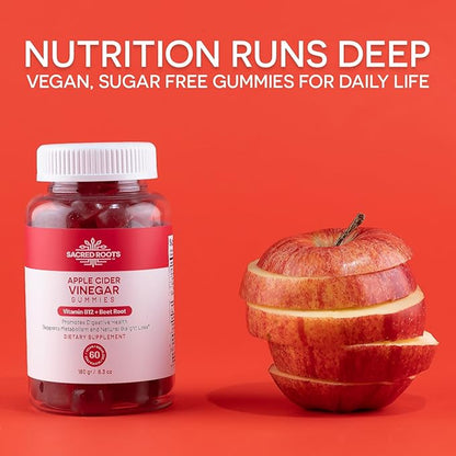 Apple Cider Vinegar Gummies - Sugar Free Apple Cider Gummies with Vitamin B12 and Beetroot Powder - Vegan, Non-GMO & Gluten-Free, Made in USA (30 Servings)