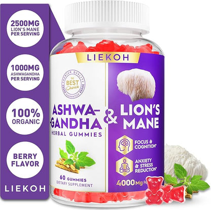 Ashwagandha Gummies - Cortisol Supplements for Women & Men - Lions Mane Gummies for Adults| Cortisol, Cognitive & Immune Support| 4000MG Ashwagandha Gummies, Berry Flavor - 60 Organic Mushroom Gummies