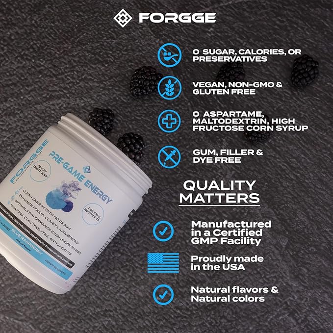 Forgge Focus Energy Drink Powder - Lion’s Mane, Alpha-GPC, L-Theanine and Nootropics for Focus - Vitamins + Electrolytes - Natural Caffeine, Sugar Free (Blue Raspberry)