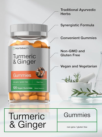 Horbäach Turmeric and Ginger Gummies | 120 Count | Peach Flavor | Vegan Non-GMO & Gluten Free Supplement