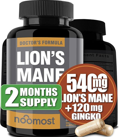 Organic Lions Mane Supplement Capsules 5400mg, Ginkgo Biloba 120mg – Vegan Lion Mane Mushroom Supplement for Cognitive Function, Mental Clarity, Focus & Memory – 2 Months