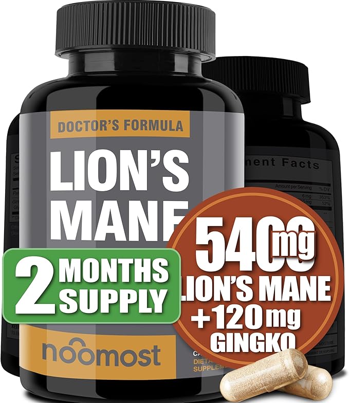 Organic Lions Mane Supplement Capsules 5400mg, Ginkgo Biloba 120mg – Vegan Lion Mane Mushroom Supplement for Cognitive Function, Mental Clarity, Focus & Memory – 2 Months