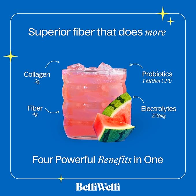 Daily Fiber Supplement Powder with Collagen, Probiotics & Electrolytes | Supports Digestive Health, Gut Balance & Debloating | Watermelon | 16 Servings