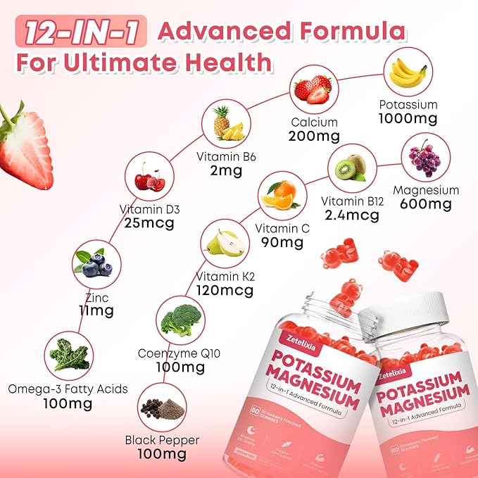 Potassium Magnesium Supplement Gummies for Adults Kids, Magnesium Glycinate Gummies 600mg & Potassium Citrate 1000mg, Plus Multivitamin, Omega-3 & Black Pepper, Leg Cramps, Muscle & Heart Health, 60ct