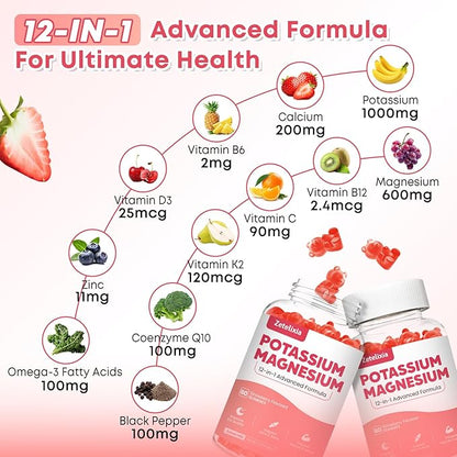 Potassium Magnesium Supplement Gummies for Adults Kids, Magnesium Glycinate Gummies 600mg & Potassium Citrate 1000mg, Plus Multivitamin,Omega-3 & Black Pepper, Leg Cramps, Muscle & Heart Health, 120ct