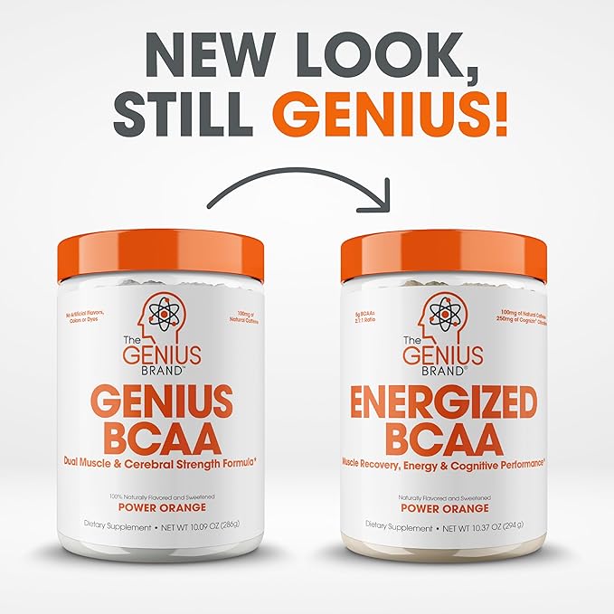 Genius BCAA Energy Powder, Orange - Nootropic Amino Acids & Muscle Recovery - Natural Vegan BCAAs Workout Supplement for Women & Men (Pre, Intra & Post Workout) - No Artificial Sweeteners