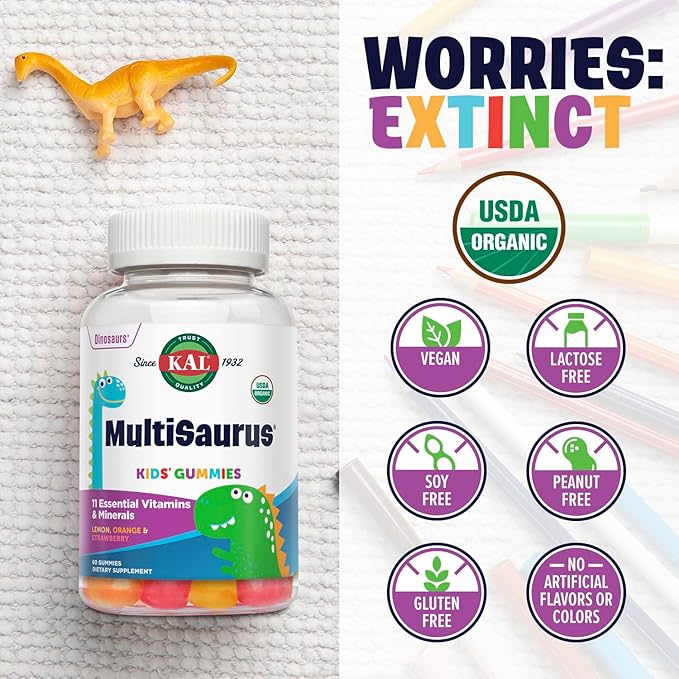KAL MultiSaurus Multivitamin Gummies, USDA Organic Multivitamin for Kids, Healthy Bones, Immune & Energy Support, Vegan & Gluten Free, No Artificial Flavors or Colors, 30 Servings, 60 Gummies