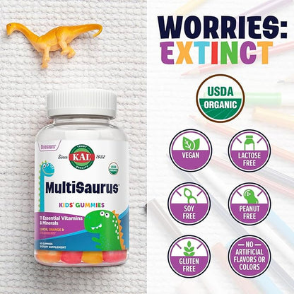 KAL MultiSaurus Multivitamin Gummies, USDA Organic Multivitamin for Kids, Healthy Bones, Immune & Energy Support, Vegan & Gluten Free, No Artificial Flavors or Colors, 30 Servings, 60 Gummies