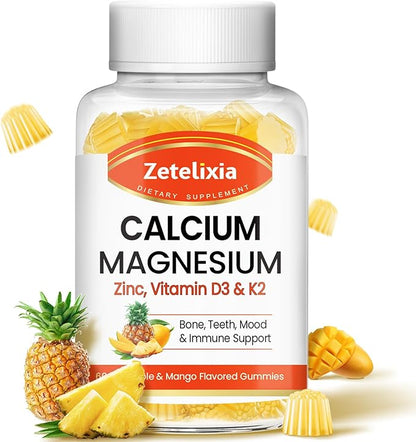 Calcium Gummies for Women Men, Calcium Magnesium Zinc with Vitamin D3 & K2, Calcium Magnesium Supplement for Bones Muscles and Joints, Pineapple & Mango Flavor - 60 Count