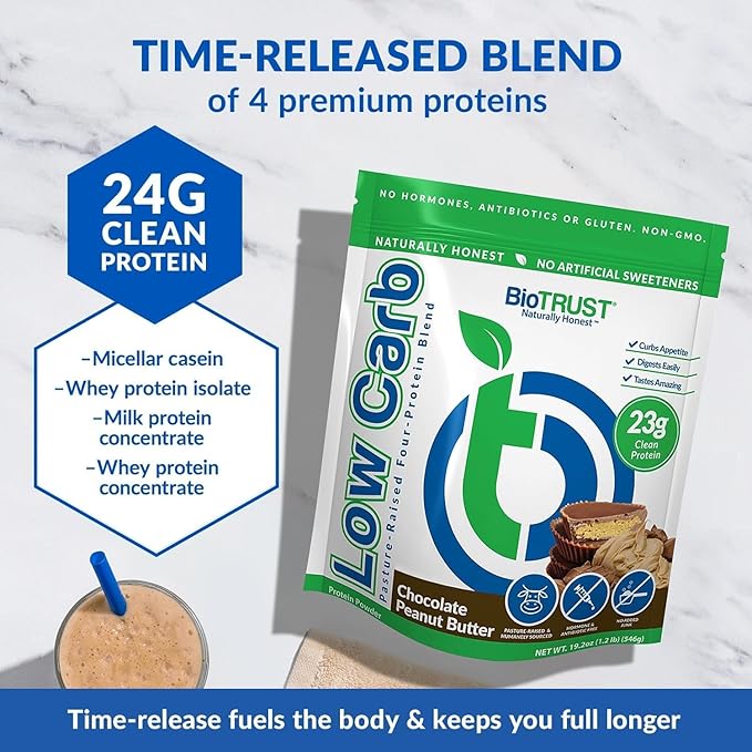 BioTrust Low Carb Protein Powder – Delicious Whey & Casein Blend from Grass-Fed Hormone Free Cows – Non GMO, Gluten Free (Chocolate Peanut Butter)