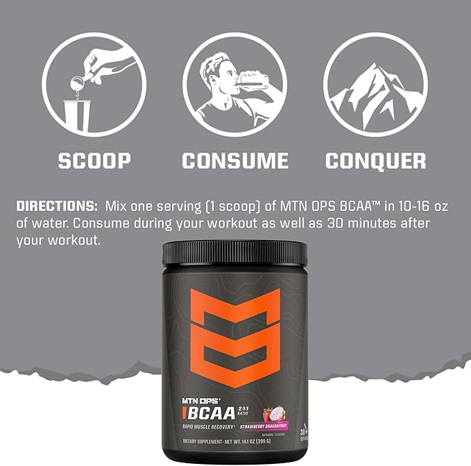 MTN OPS BCAA 2:1:1 Amino Acids Supplement Powder for Rapid Muscle Recovery & Repair with Zero Sugar & Gluten Free (30-Serving Tub, Peach Mango)