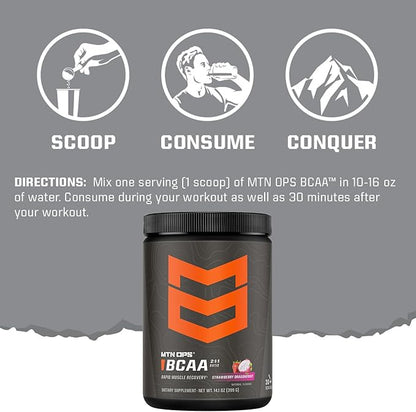 MTN OPS BCAA 2:1:1 Amino Acids Supplement Powder for Rapid Muscle Recovery & Repair with Zero Sugar & Gluten Free (30-Serving Tub, Peach Mango)