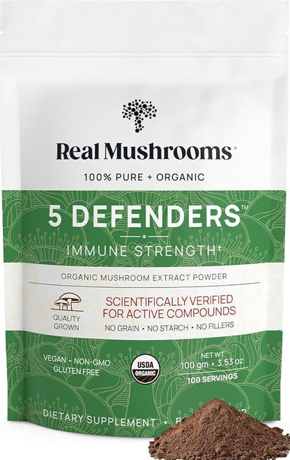 Real Mushrooms 5 Defenders Powder - Organic Mushroom Extract w/Chaga, Shiitake, Maitake, Turkey Tail, & Reishi - Mushroom Supplement for Brain, Focus, & Immune Support - Vegan, Non-GMO, 100 Servings