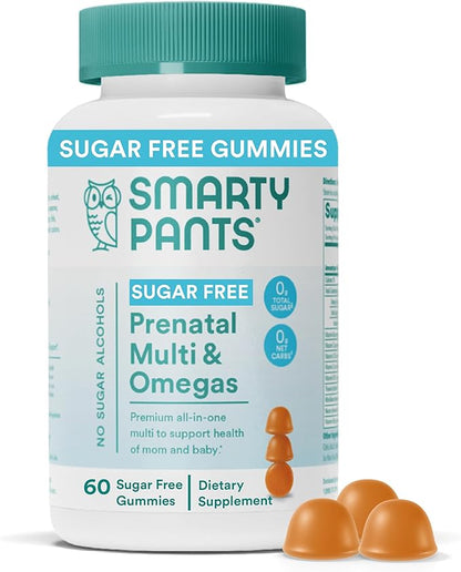 SmartyPants Prenatal Vitamins for Women, Sugar Free Multivitamin Gummies: Methylfolate, Omega 3 (ALA) Vitamin D3, C, Vitamin B12, B6, Vitamin A, K & Zinc, Erythritol Free, 60 Count (20 Day Supply)