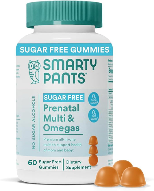 SmartyPants Prenatal Vitamins for Women, Sugar Free Multivitamin Gummies: Methylfolate, Omega 3 (ALA) Vitamin D3, C, Vitamin B12, B6, Vitamin A, K & Zinc, Erythritol Free, 60 Count (20 Day Supply)