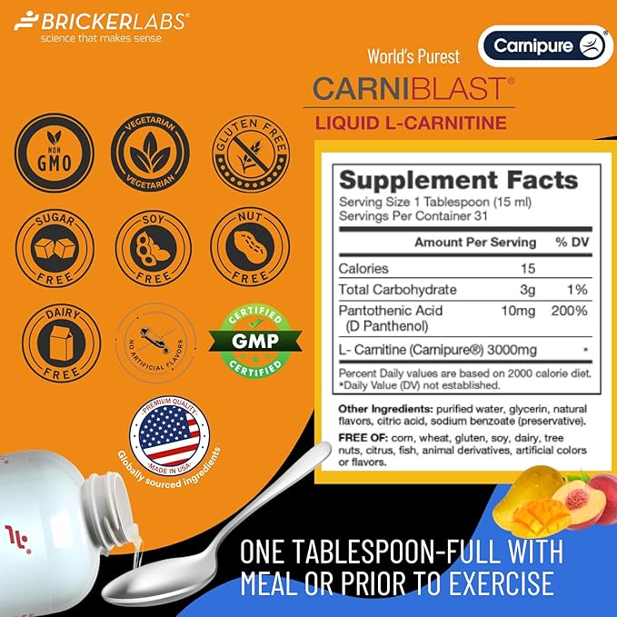 CARNIBLAST Liquid L-Carnitine 3000mg, Premium L Carnitine Carnipure, Sports Nutrition, Energy Supplement and Energy Booster, Peach Mango 16 fl oz