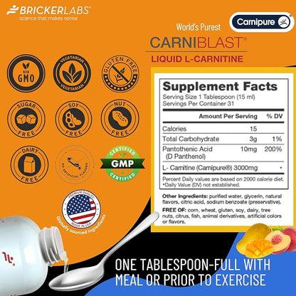 CARNIBLAST Liquid L-Carnitine 3000mg, Premium L Carnitine Carnipure, Sports Nutrition, Energy Supplement and Energy Booster, Peach Mango 16 fl oz