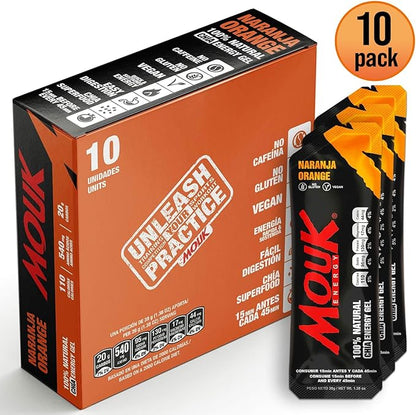 MOUK Energy Workout & Sports Nutrition Energy Gel - Orange Flavor All Natural with Whole Chia Seeds | Easy Digestion, Vegan, Gluten Free, Essential Electrolyte | 1.38 Ounce (Pack of 10)