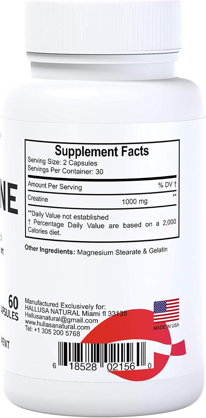 Creatina Monohidratada - Resistencia Muscular - Recuperación Muscular - Masa Muscular - Suplemento para ejercicio - CREATINA 60 CAPSULAS 1000 MG