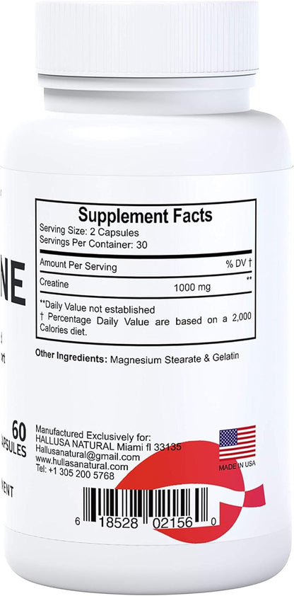 Creatina Monohidratada - Resistencia Muscular - Recuperación Muscular - Masa Muscular - Suplemento para ejercicio - CREATINA 60 CAPSULAS 1000 MG