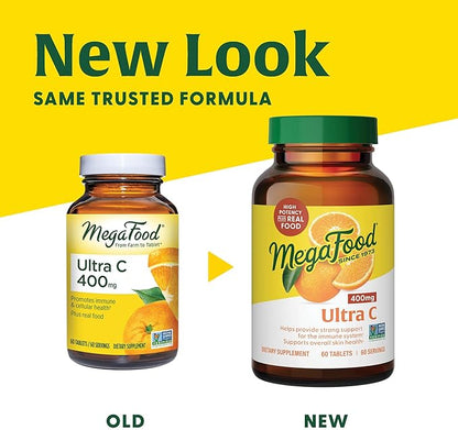 MegaFood Ultra C 400 mg - Vegan Immune Support Supplement with Vitamin C, Made with Real Food Including Broccoli, Carrot, Cranberry & Brown Rice, Gluten-Free, Kosher - 90 Tablets, 90 Servings