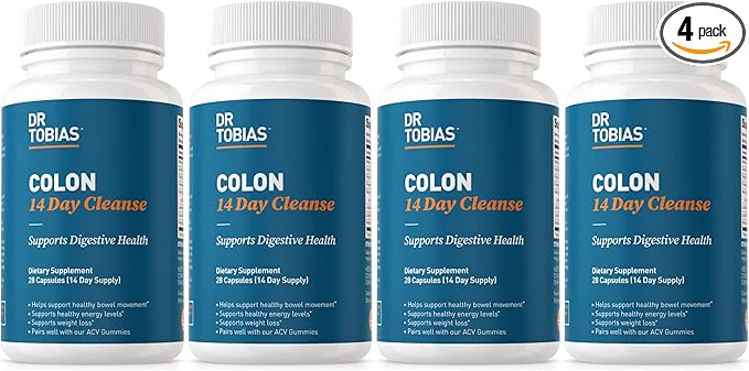 Dr. Tobias Colon 14 Day Cleanse, Advanced Gut Cleanse Detox for Women & Men with Cascara Sagrada, Psyllium Husk, Senna Leaf & Probiotics, Non-GMO Colon Cleanse, 4 Bottles of 28 Capsules (1-2 Daily)