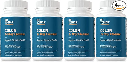 Dr. Tobias Colon 14 Day Cleanse, Advanced Gut Cleanse Detox for Women & Men with Cascara Sagrada, Psyllium Husk, Senna Leaf & Probiotics, Non-GMO Colon Cleanse, 4 Bottles of 28 Capsules (1-2 Daily)