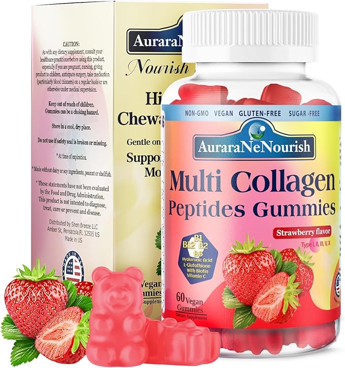 Multi Collagen Peptides Gummies, Sugar Free Hydrolyzed 5000mg Protein丨Type I,II,III,V,X with Biotin Hyaluronic Acid Vitamin C A D B6 B12 L-Glutathione for Skin Hair Nail Joint Bone -Strawberry Gummies