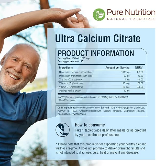 Pure Nutrition Ultra Calcium Citrate 1000mg Highly absorbable Calcium Supplement with Calcium Citrate Malate, Vitamin D, Zinc and Magnesium - 1 Tablet Daily (90 Veg Tabs) Non-GMO | Gluten-Free