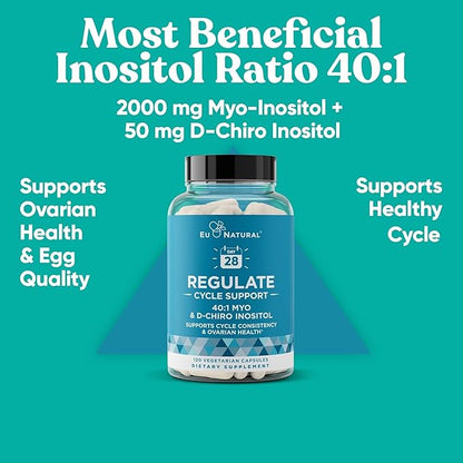 Regulate Cycle Support – Hormone Balance for Women at Optimal 40:1 Myo-Inositol & D-Chiro Inositol – Supplement for Period Consistency, Menstrual & Ovulation Support – 120 Vegan Soft Capsules