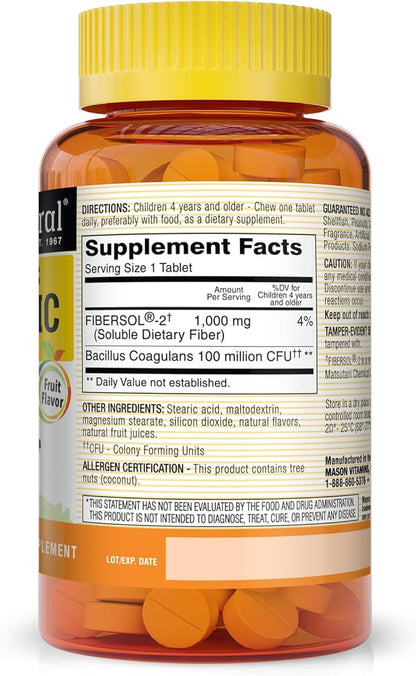 MASON NATURAL Healthy Kids Probiotic with Fiber - Healthy Digestive Function, Improved Gut Health, 60 Chewables