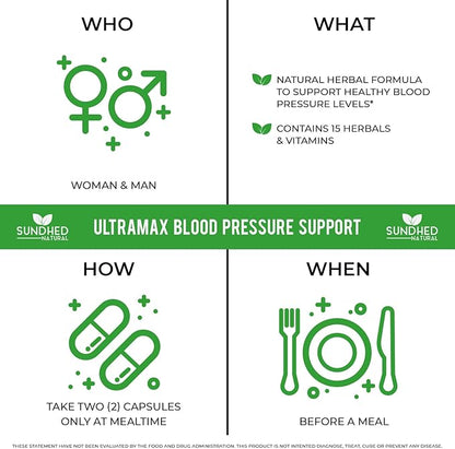 Sundhed Natrual UltraMax Blood Pressure with Bioperine for Enhanced Absorption, Hawthorn Berry Capsules - Multivitamin - 60 Capsules