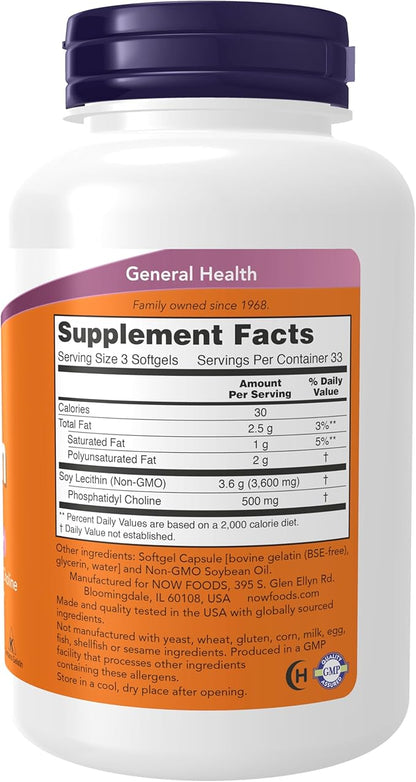 NOW Foods Supplements, Lecithin 1200 mg with naturally occurring Phosphatidyl Choline, 100 Softgels