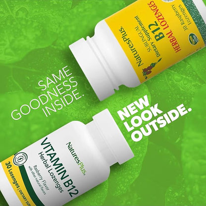 Natures Plus B12 Herbal Lozenges (Methylcobalamin) - 1000 mcg, 30 Sublingual Lozenges - Raspberry - Maximum Absorption Red Blood Cell Support - Energy Booster - Vegetarian, Gluten-Free - 30 Servings